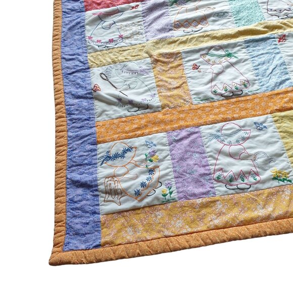 Handmade Vintage Baby Quilt Embroidered Sunbonnet Sue Design 38x46 Inches Multic - Picture 2 of 5